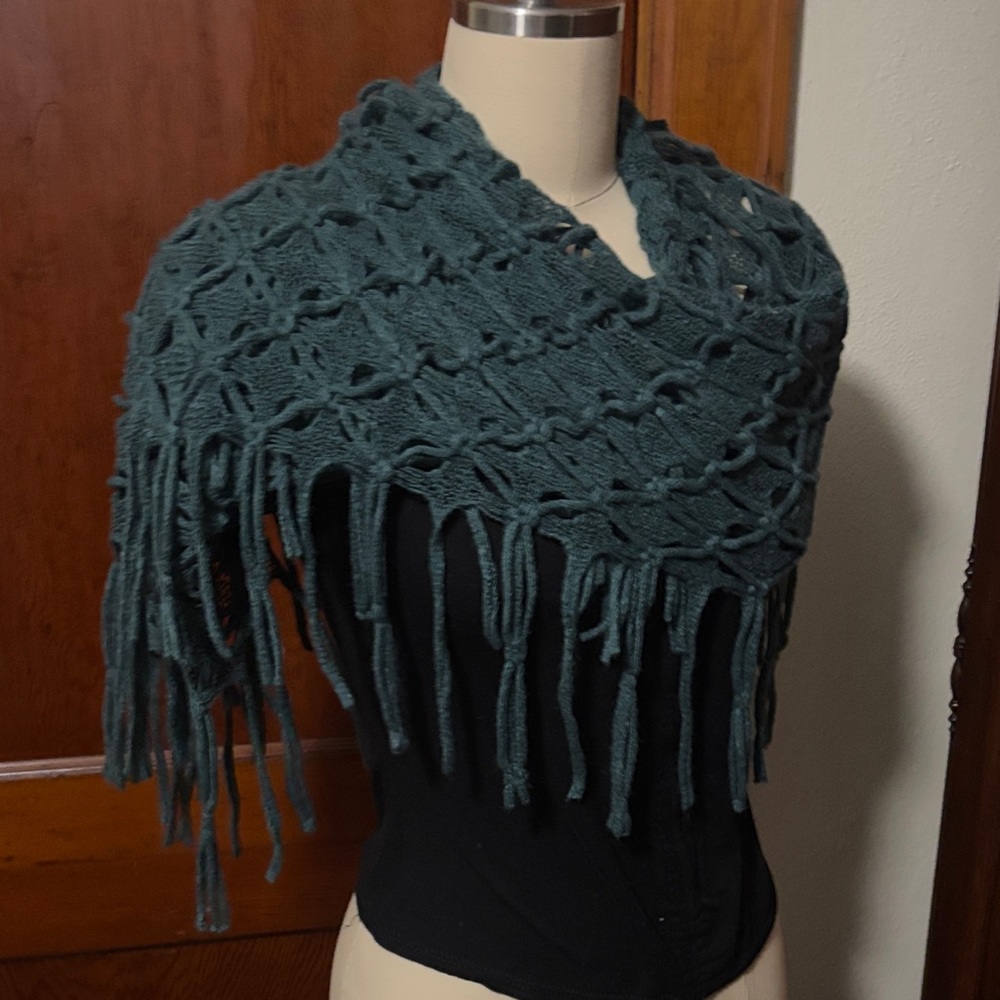 Teal Knitted Fringe Infinity Scarf